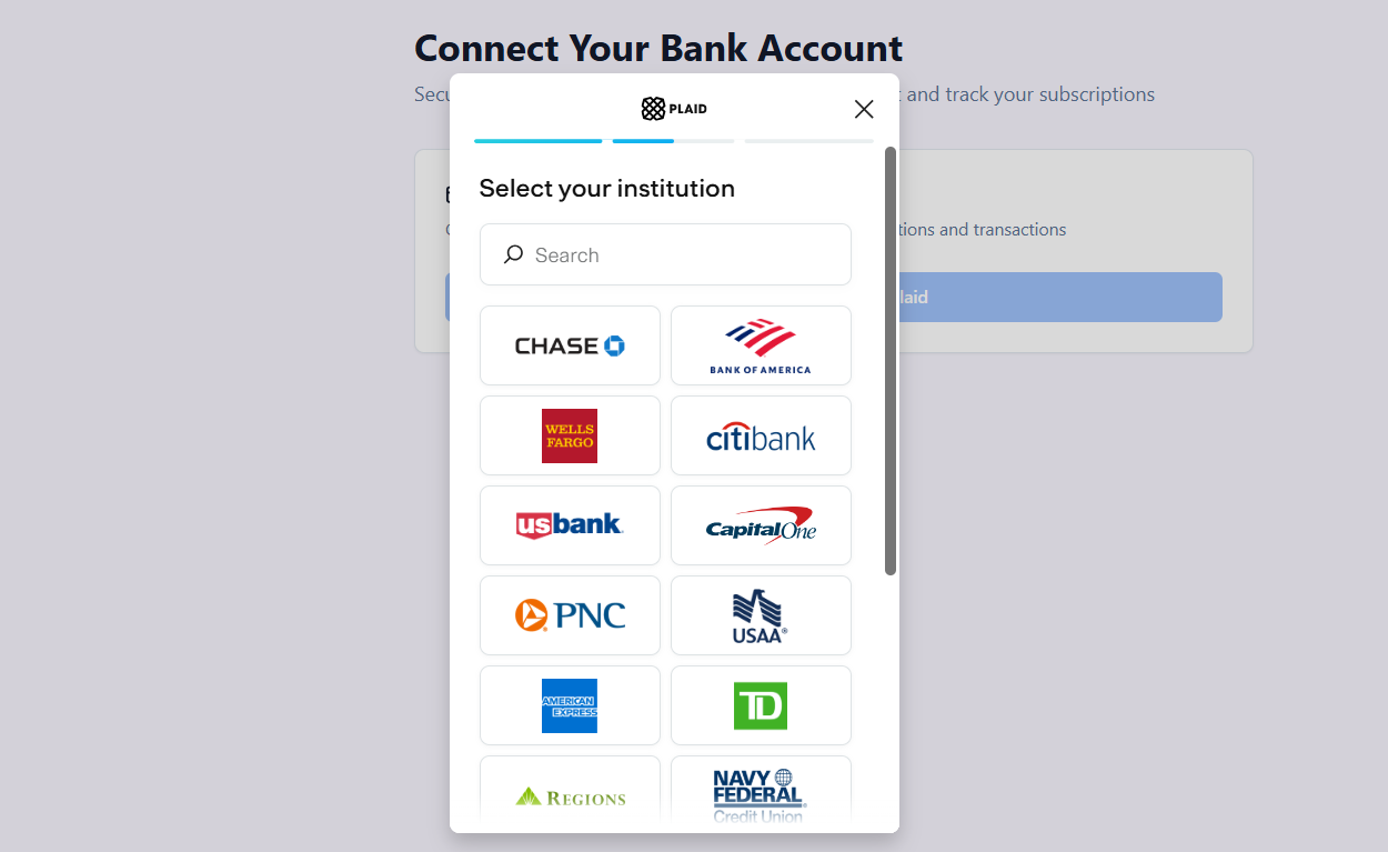 Plaid secure bank connection interface